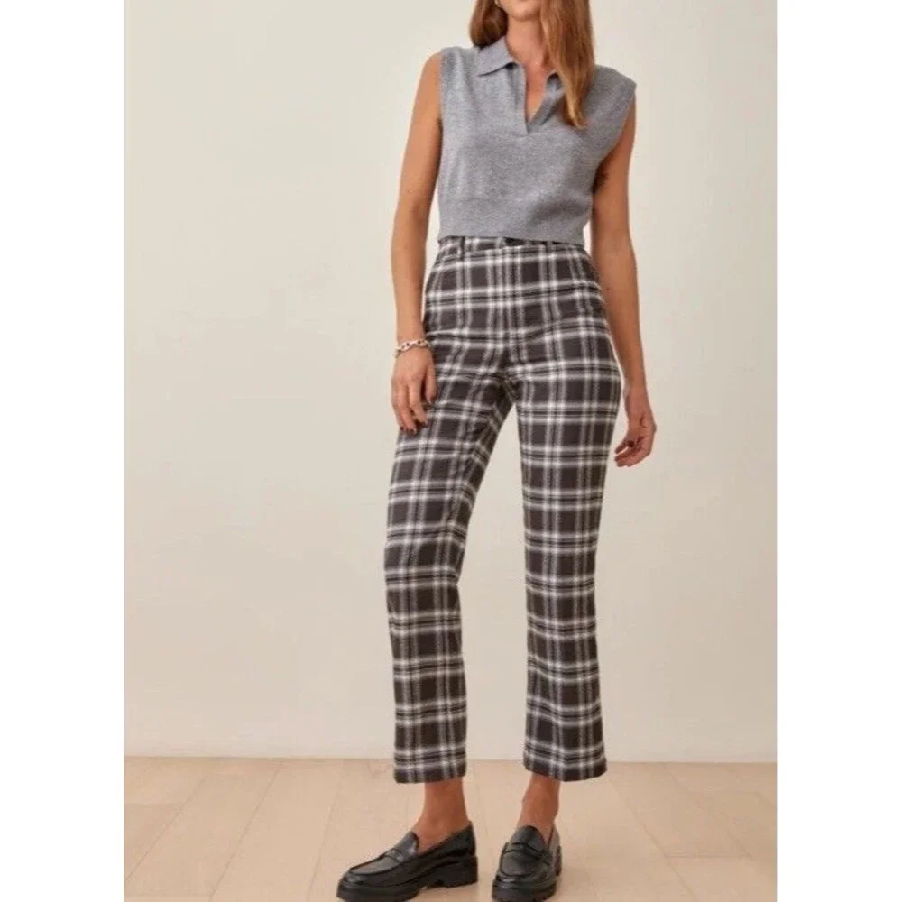 Reformation Y2K Women’s Franklin brown Plaid Straight Leg Pants Rayon Sz 2 - Picture 2 of 16